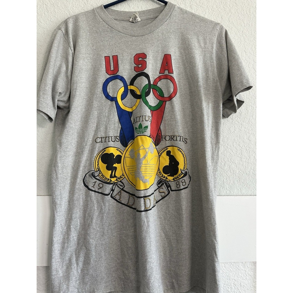 1988 ADIDAS KOREA OYLMPIC USA TEAM Font Back GRAY T-SHIRT SZ M Vtg Big Print